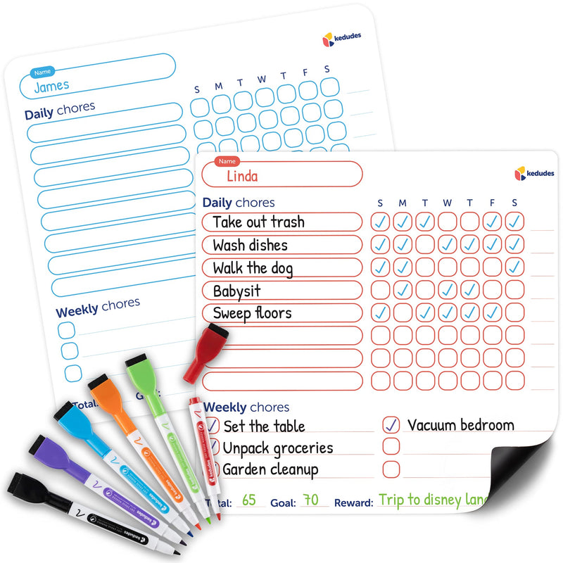 Magnetic Dry Erase Task Chart - Pack of 2 Erasable Weekly Task Chart - Task Chart