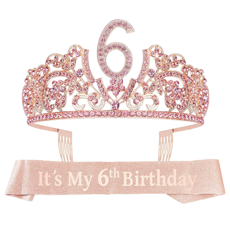 Girls 6th Birthday Sash and Tiara - Fabulous Glitter Sash + Flowers