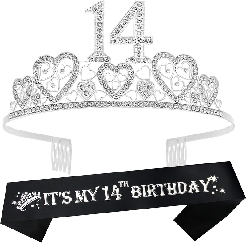 Girls 14th Birthday Sash and Tiara - Fabulous Set: Glitter Sash + Hearts