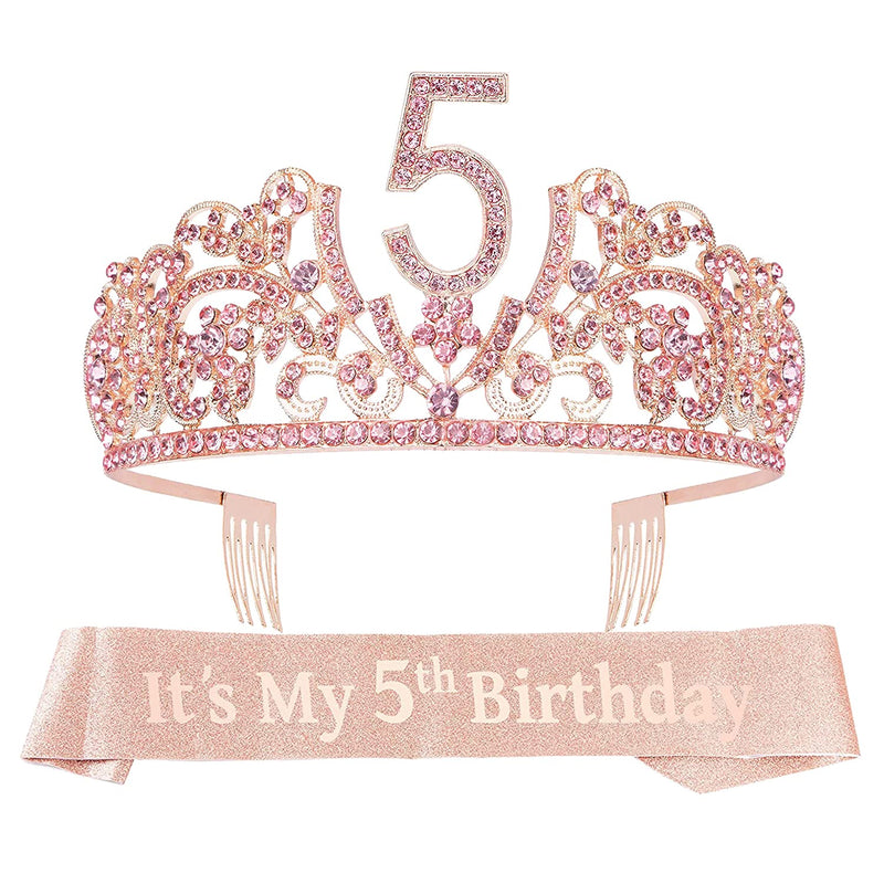 Girls 5th Birthday Sash and Tiara - Fabulous Glitter Sash + Flowers