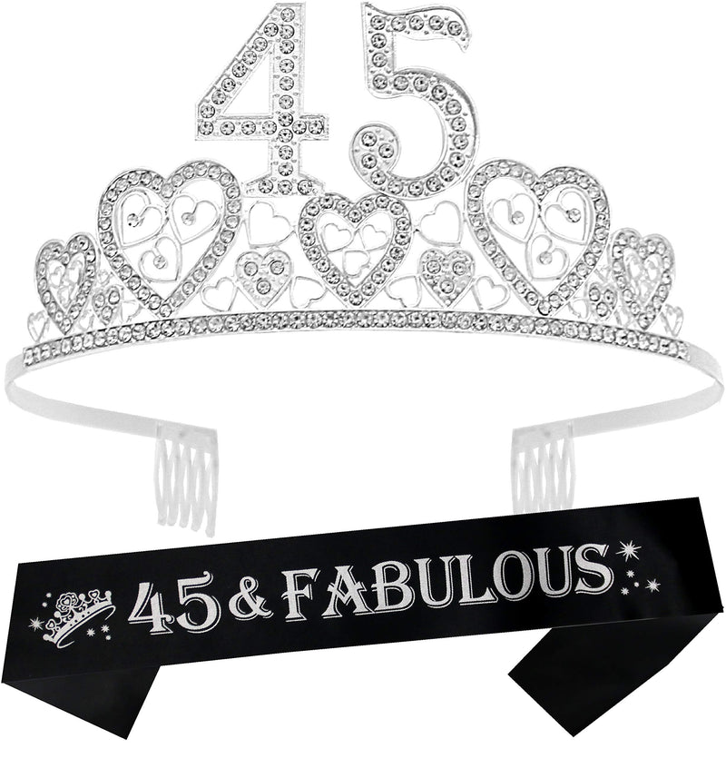 45th Birthday Sash and Tiara for Women - Fabulous Glitter Sash + Hearts