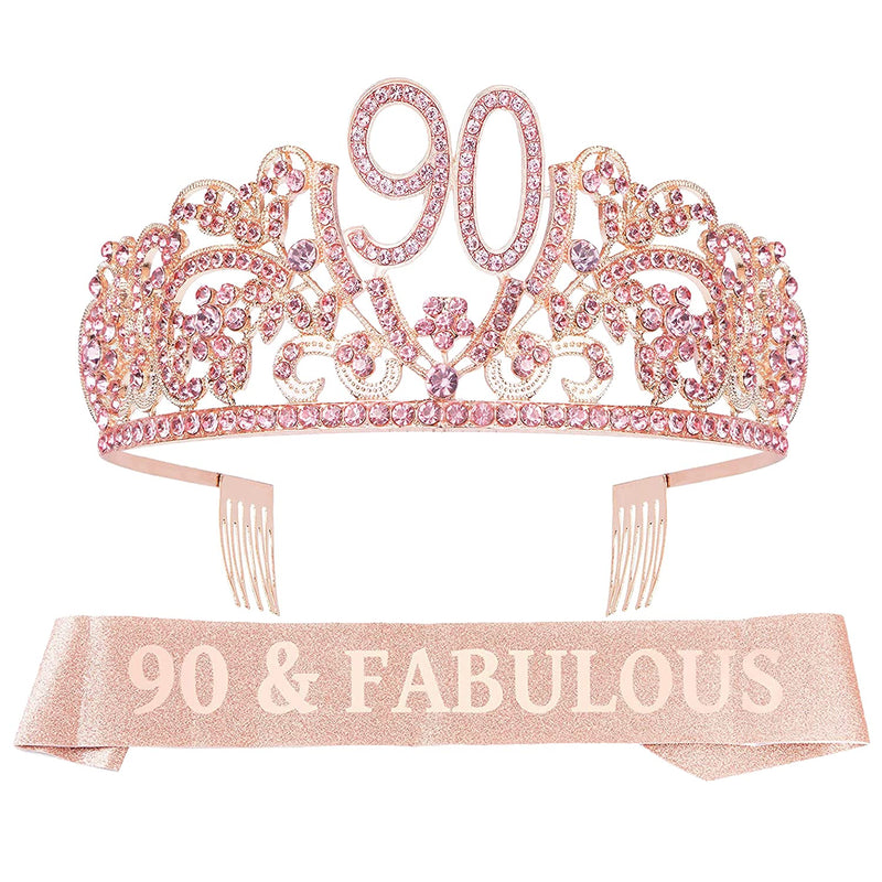 90th Birthday Sash and Tiara Set for Women - Fabulous Glitter Floral Sash