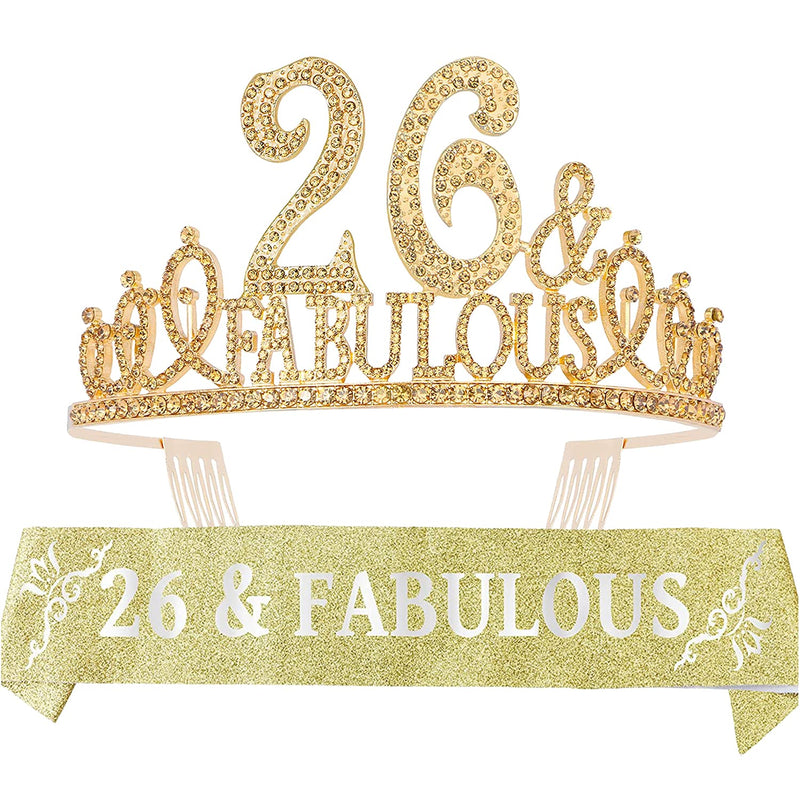 26th Birthday Sash and Tiara for Women - Fabulous Set: Glitter Sash + Fabulous