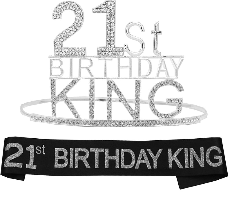 21st Birthday Royal Crown Set for Men and Boys - Silver Metal Crown, Sash and Lapel Pin -