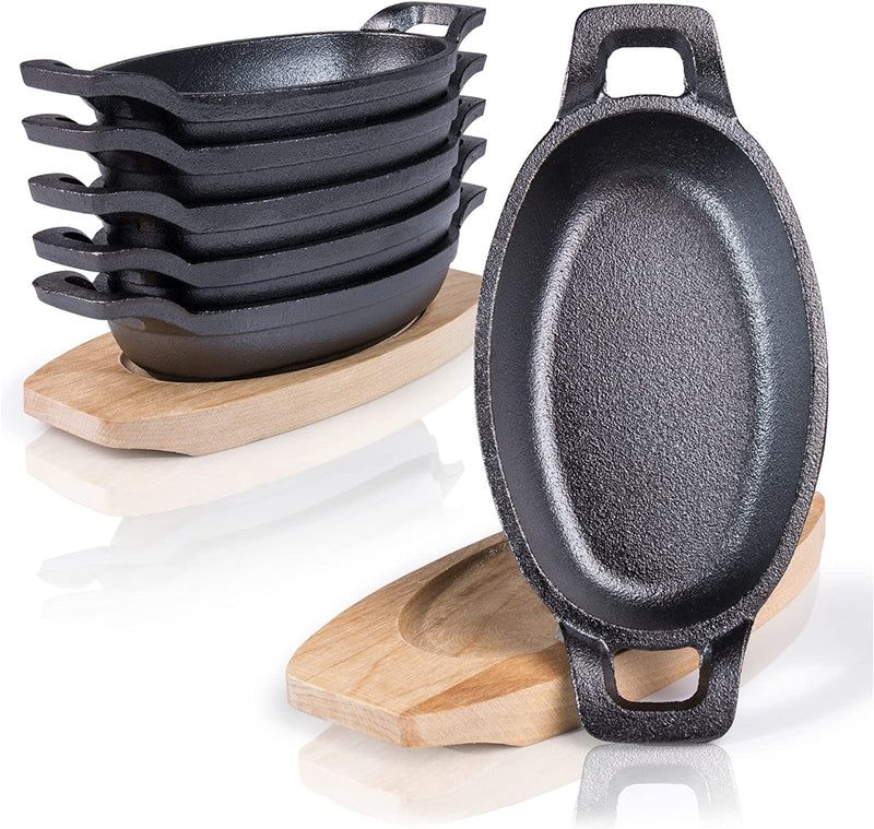 Amazy Serving Pans With Wooden Coasters (Set Of 6) - Cast Iron Pan For Gratinating, Baking, Stewing, Frying And Serving Dishes | Cast Iron Pan