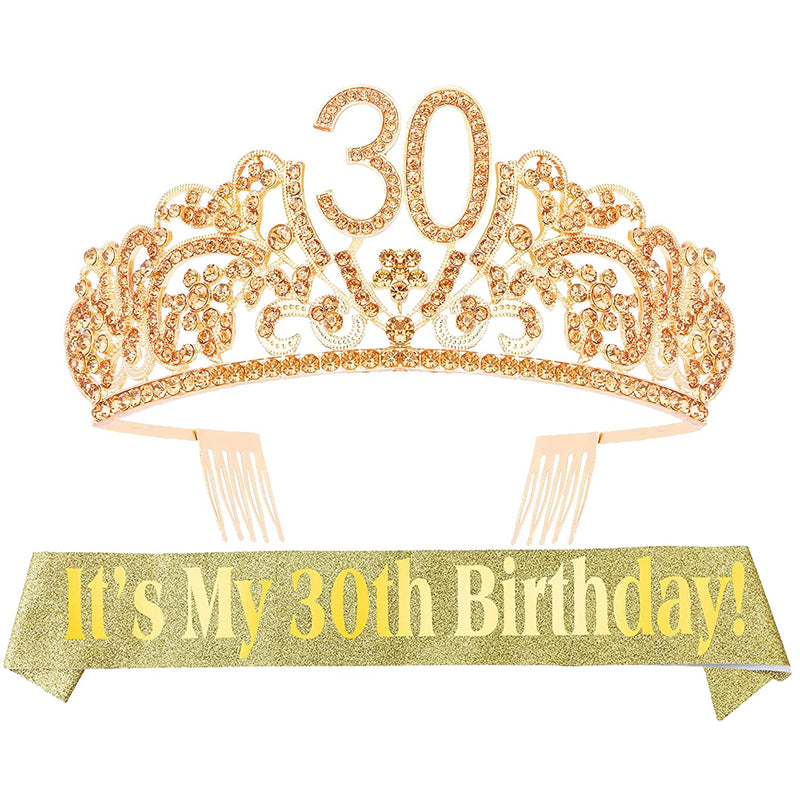 30th Birthday Sash and Tiara for Women - Fabulous Glitter Sash + Flowers