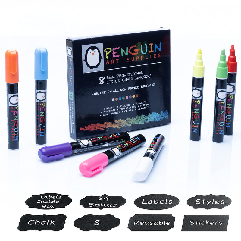 Liquid Chalk Markers - Set of 8 6mm fine tip chalk pens + 24x free chalkboard