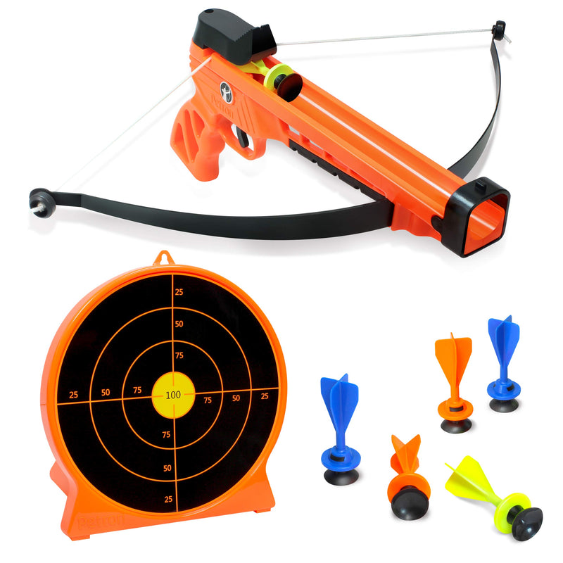 Bow and arrow archery set including blaster bow, 6 suction arrows and shooting target