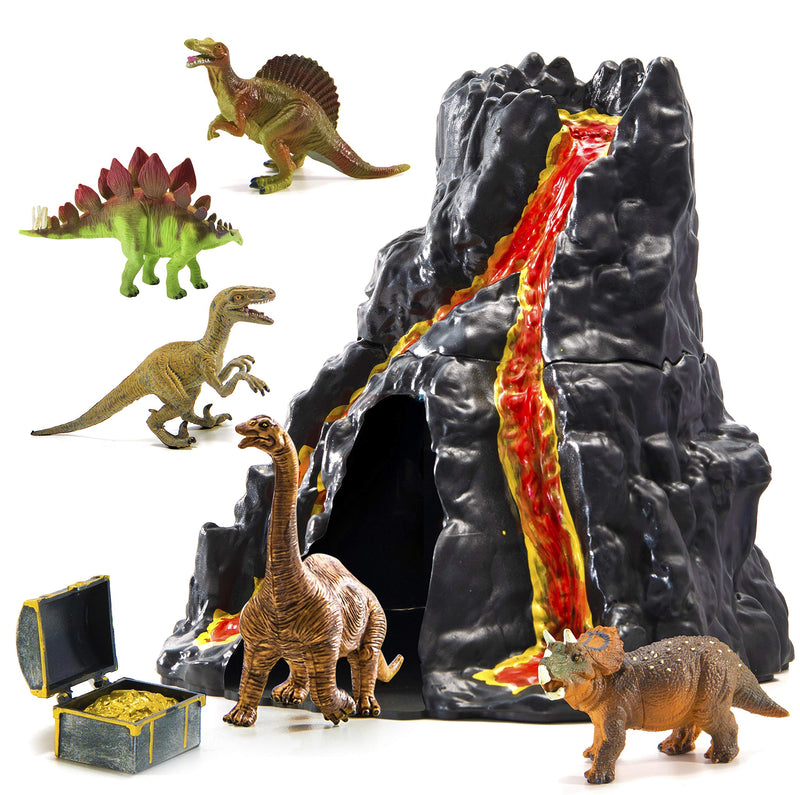 Lava painted volcano house with hidden door and 5 dinosaur figures with treasure