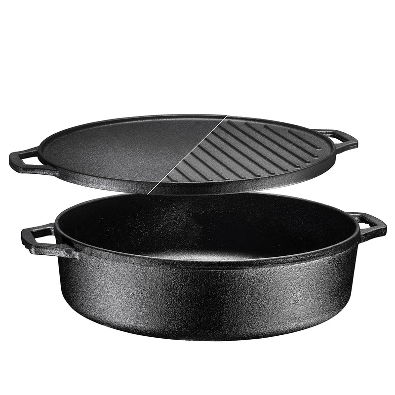 3-in-1 pre-seasoned cast iron pan, round, deep frying pan with reversible plate