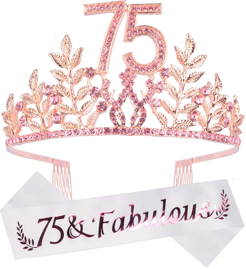 75th Birthday Sash and Tiara for Women - Fabulous Glitter Sash + Leaves