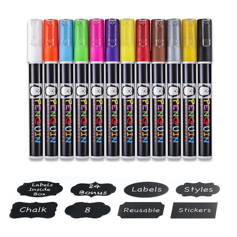 Liquid Chalk Markers - 12 washable colors, fine tip chalk pens (3mm), wet wipe