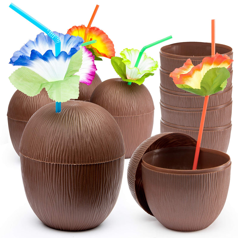 Coconut cups with floral straws and twist lids (pack of 18) for the luau party