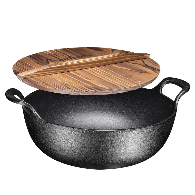 5 Qt Pre-Seasoned Cast Iron Balti Bowl with Wooden Lid in Black, 5 Quart Size