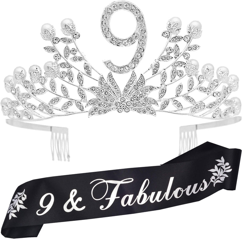 Girls 9th Birthday Sash and Tiara - Fabulous Glitter Sash + Botanic