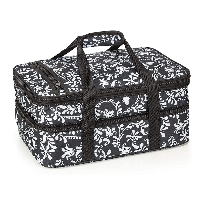 Insulated travel tote bag with double casserole (black and white flower) for travel