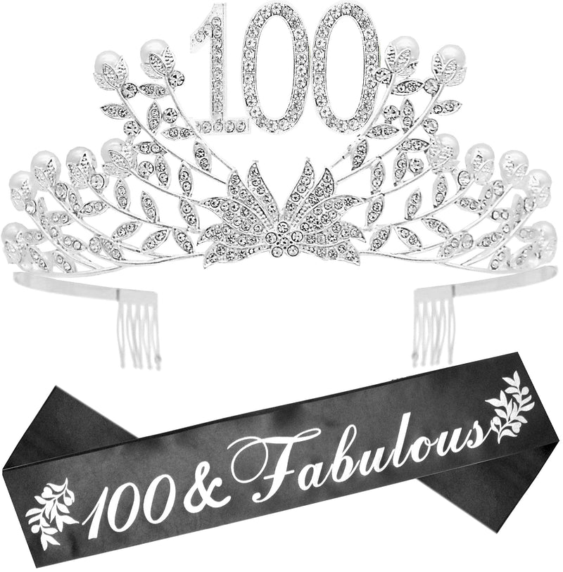 100th Birthday Sash and Tiara for Women - Fabulous Glitter Sash + Botanic