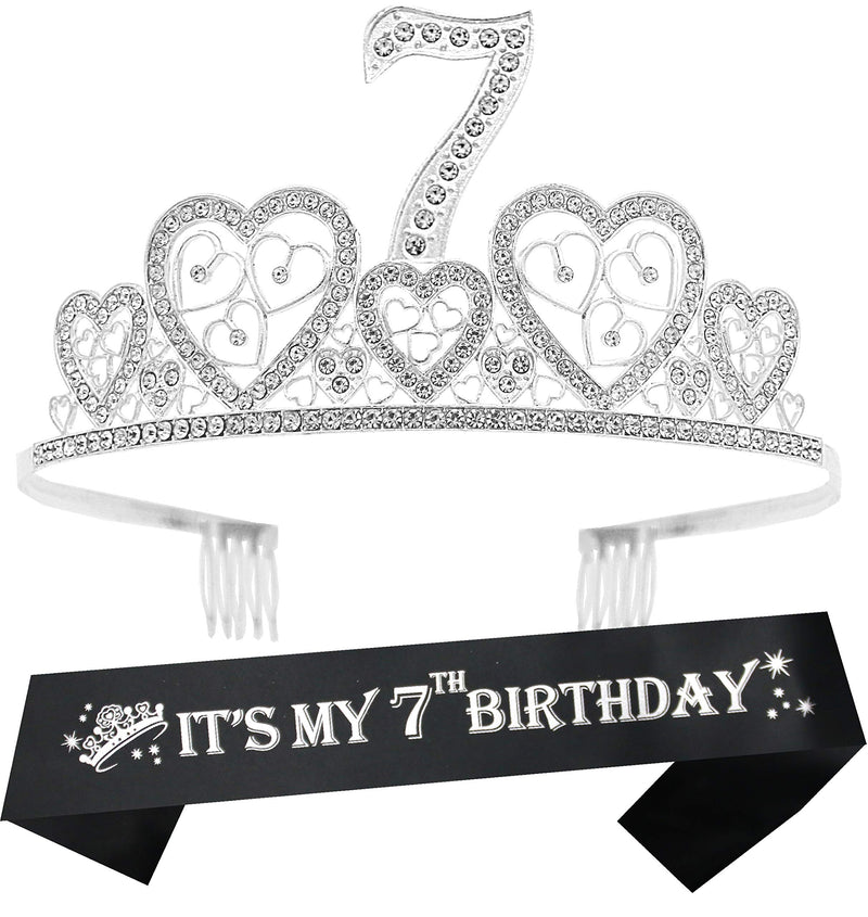 Girls 7th Birthday Sash and Tiara - Fabulous Glitter Sash + Hearts