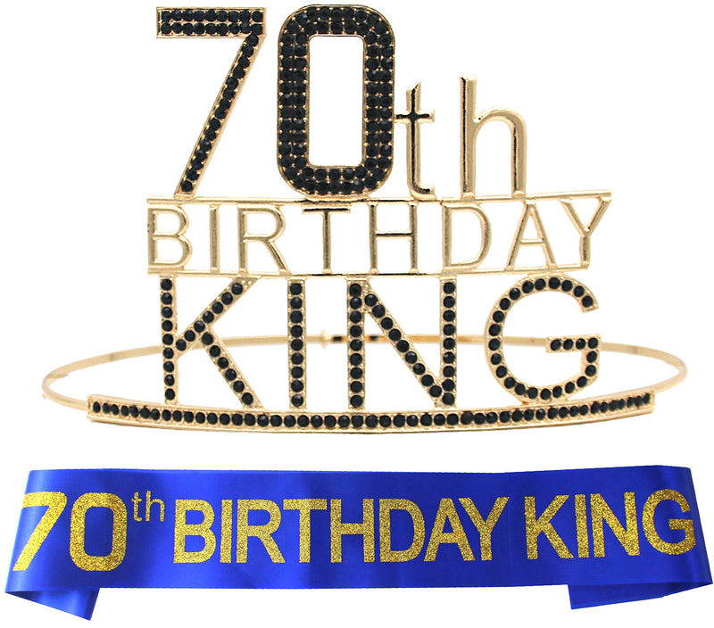 70th Birthday Royal Crown and Sash for Men - Majestic gold and black metal crown