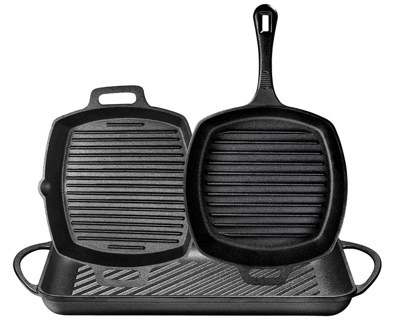 Pre-Fired 3 Piece Cast Iron Grill Package Gift Set Rectangular Grill Pan