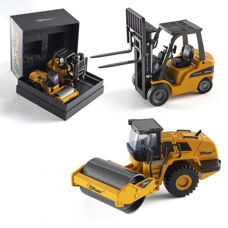 Die-cast metal construction set with 2 forklifts and road rollers made of heavy metal