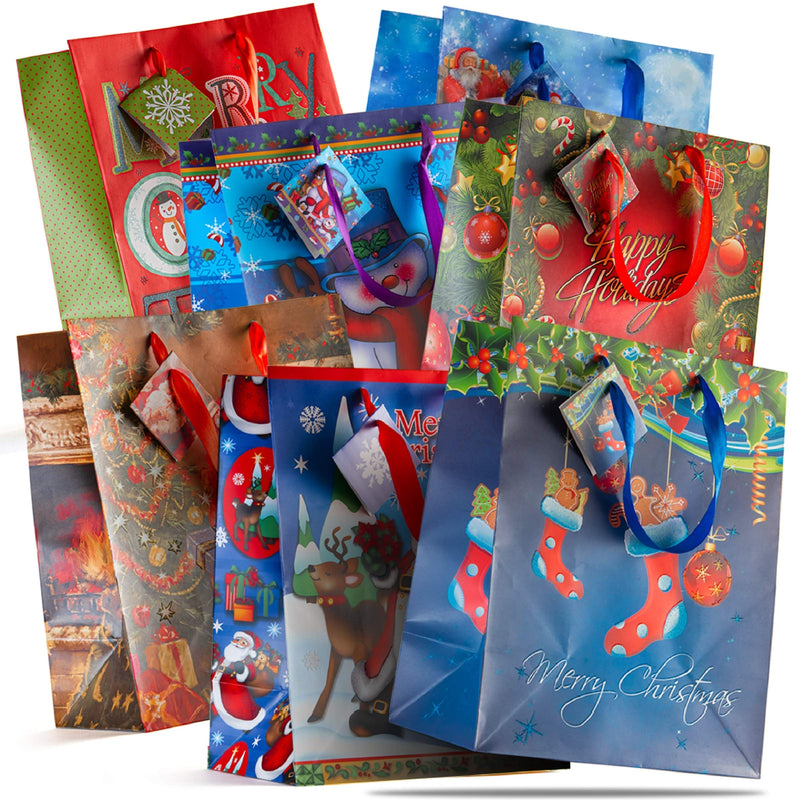 12 Assorted 13 Inch Christmas Gift Bags: Large Size Tissue Paper Bags