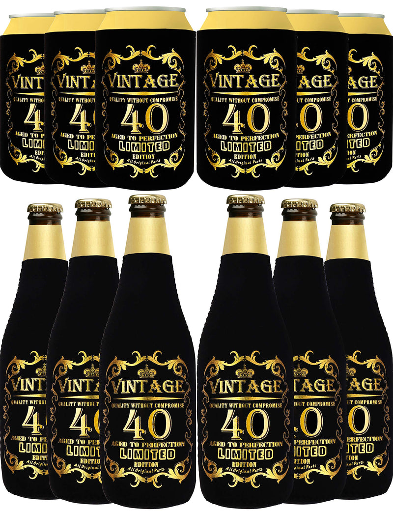 Black and Gold 40th Birthday Can and Bottle Cooler Set - Personalized Covers