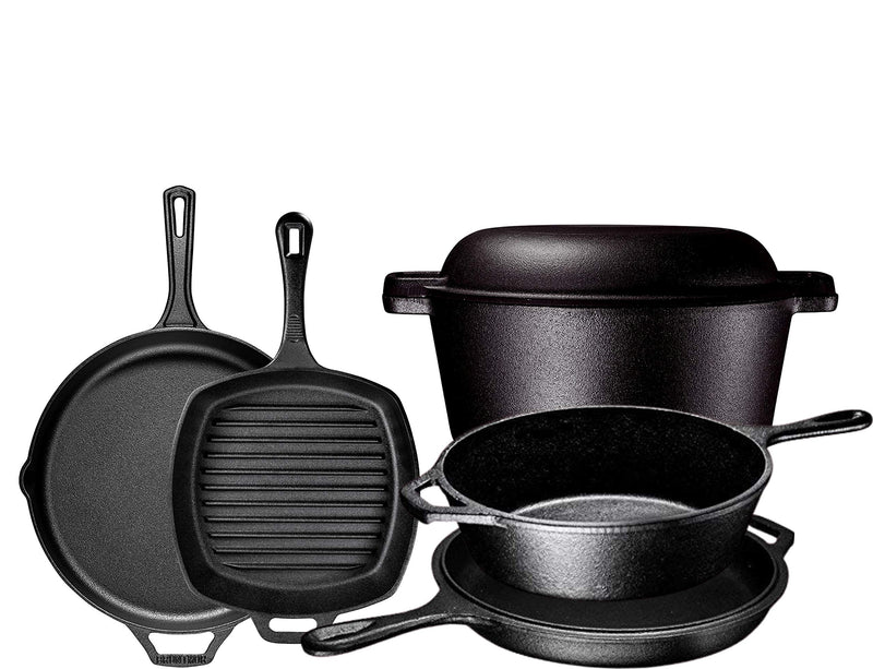 Pre-Seasoned 6 Piece Pot and Pan Set - Double Dutch Oven Crockpot - Cooking Set