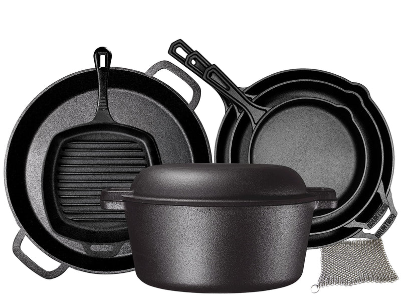 Pre-seasoned kitchen utensil set made from durable cast iron with 8 pots and pans