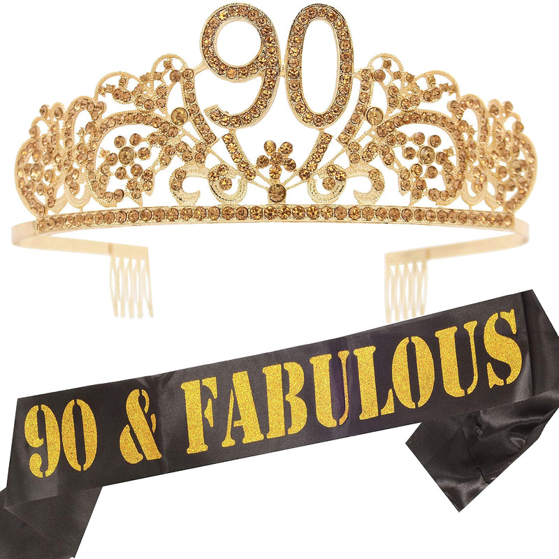 90th Birthday Sash and Tiara for Women - Fabulous Glitter Sash + Flowers