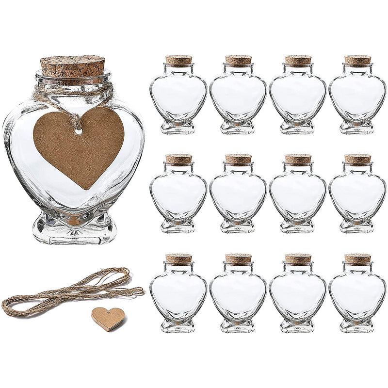 Heart Shaped Glass Favor Jars with Cork Lids, Set of 12, 5 Ounce Wish