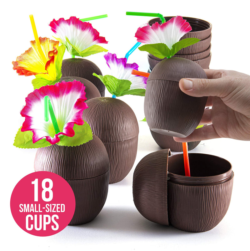 Coconut cups with floral straws and twist lid (18-8oz cups) for luau party