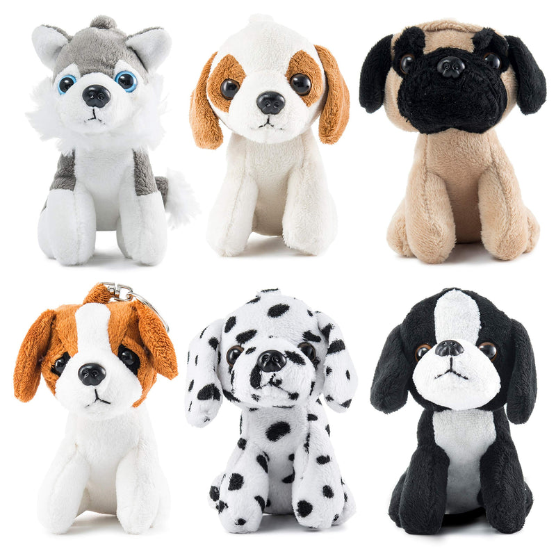 Plush Puppy Set - 6 Small Dog Stuffed Animals with Keychains 5" Cozy