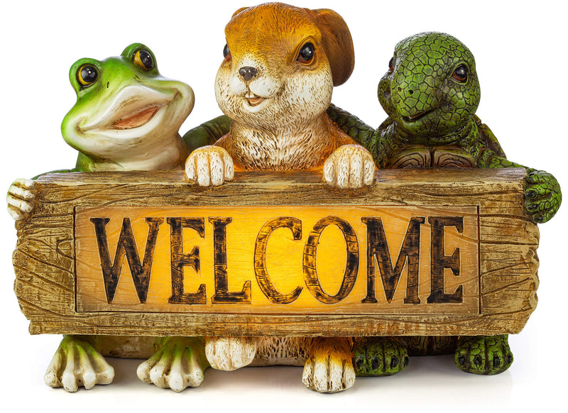 Welcome Sign for Backyard Friends Frog Rabbit Turtle Solar Powered LED Outdoor Decoration