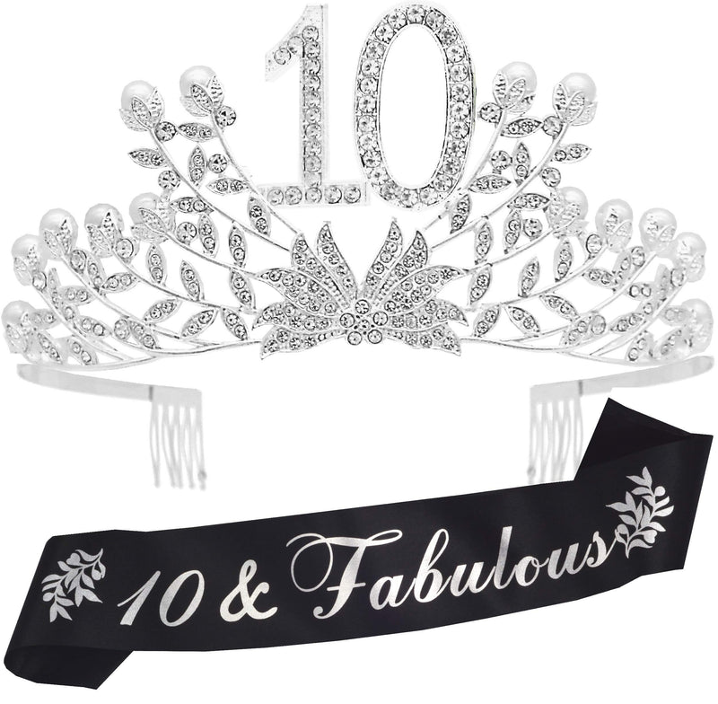 Girls 10th Birthday Sash and Tiara - Fabulous Glitter Sash + Botanic