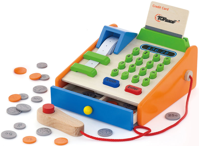 30 Piece Wooden Toy Cash Register, Natural Solid Wood Cash Register with Game