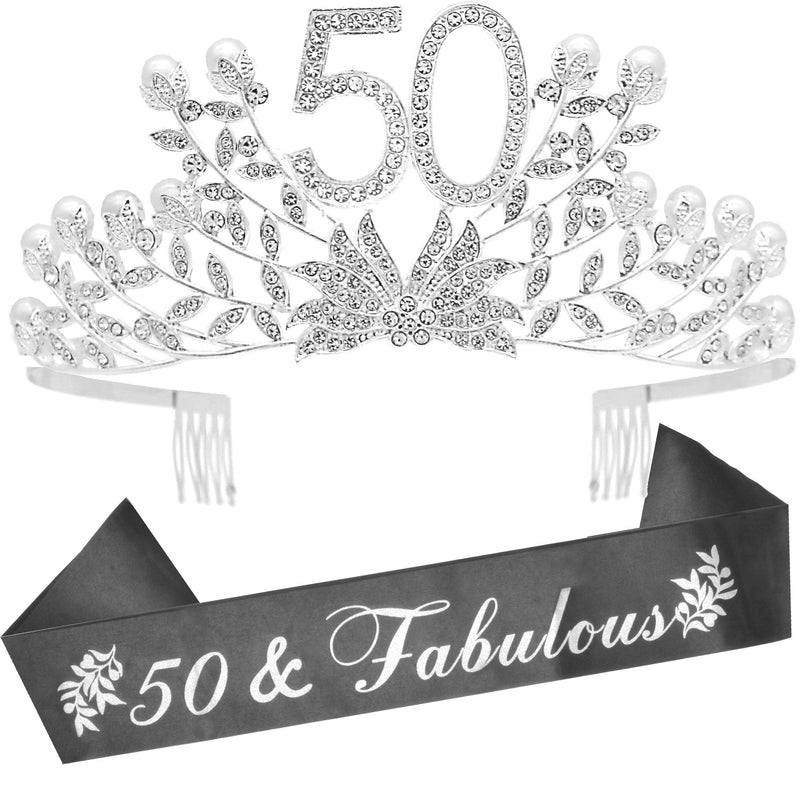 50th Birthday Sash and Tiara Set - Sparkly Fabulous Sash and Botanical Rhinestones