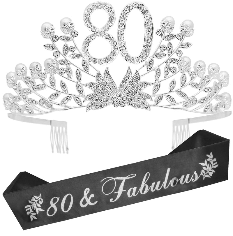 80th Birthday Sash and Tiara for Women - Fabulous Glitter Sash + Botanic