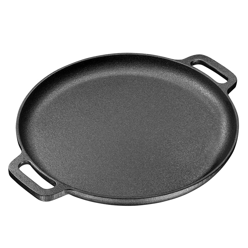 Pre-baked 16-inch cast iron skillet with two large loop handles, durable cast iron skillet