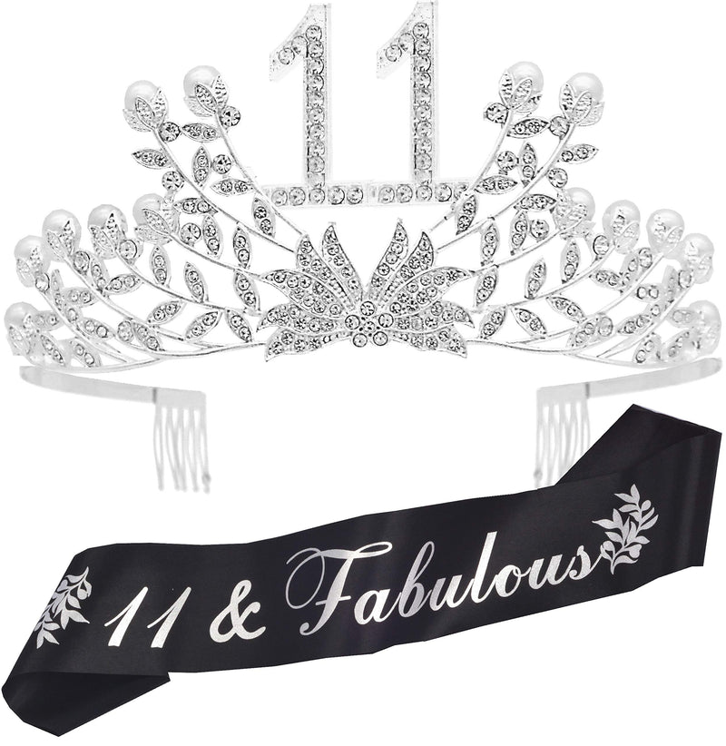 Girls 11th Birthday Sash and Tiara - Fabulous Glitter Sash + Botanic