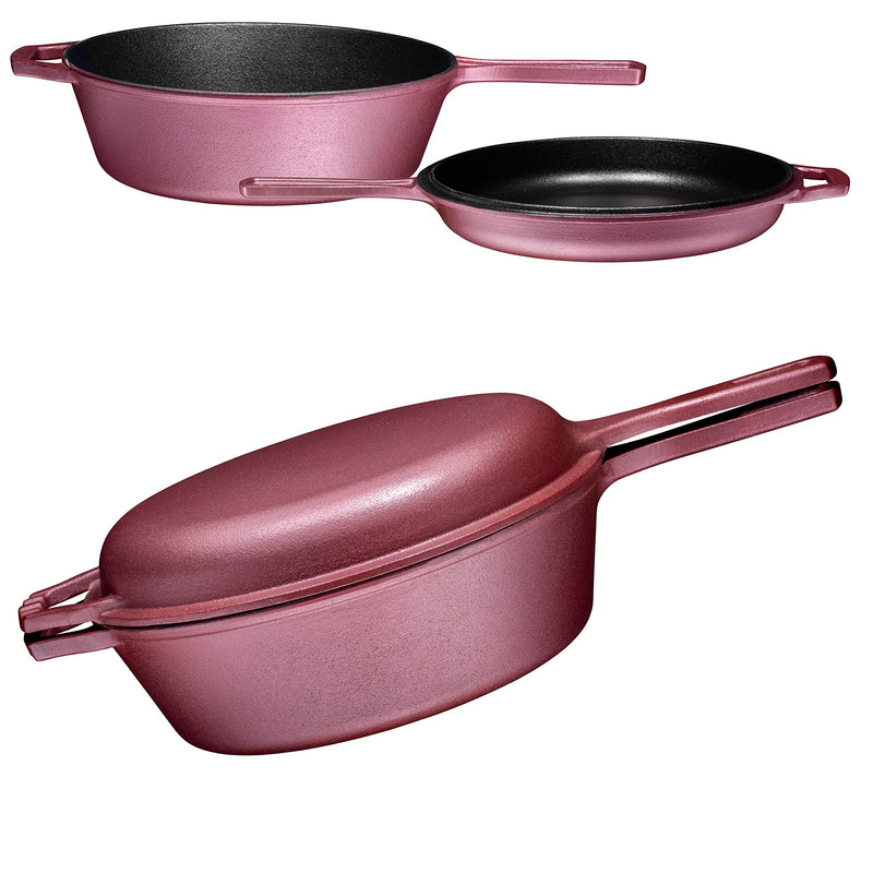 2-in-1 Enamelled Cast Iron Pot with Lid, 3qt Cast Iron Dutch Oven and Frying Pan Combo