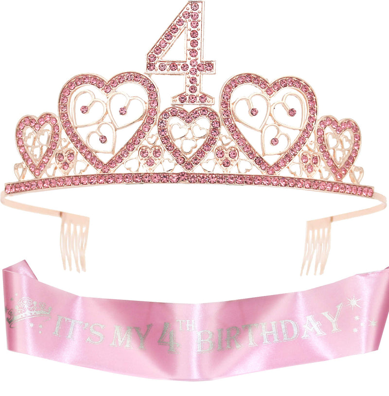 Girls 4th Birthday Sash and Tiara - Fabulous Glitter Sash + Hearts