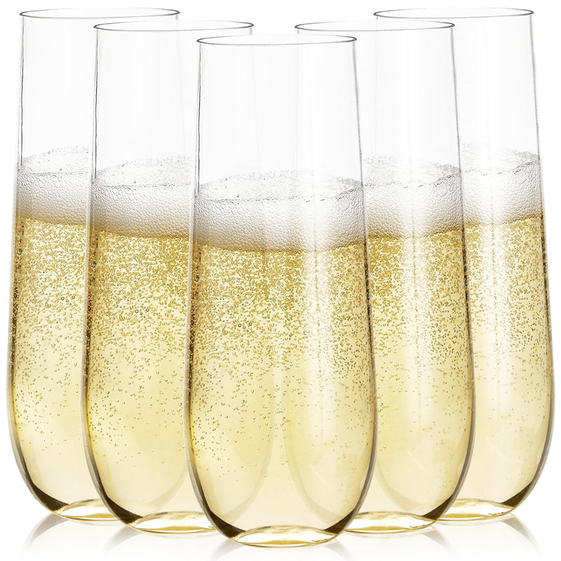 24 Pack Plastic Stemless Champagne Flutes - 9 Ounce Clear Disposable Wine Glasses