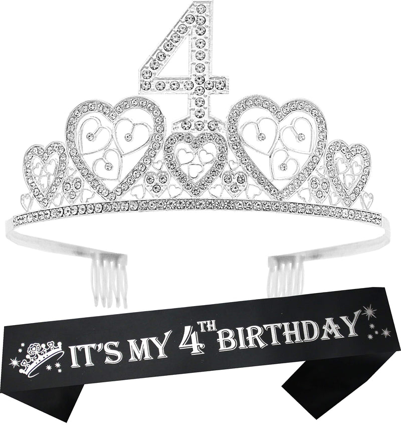 Girls 4th Birthday Sash and Tiara - Fabulous Glitter Sash + Hearts