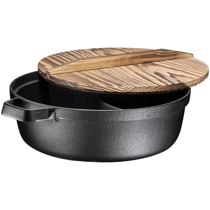 Pre-seasoned 2-in-1 cast iron pot with lightweight, non-stick wooden lid