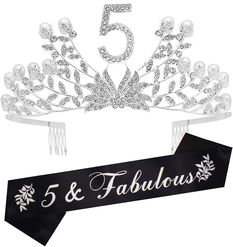 Girls 5th Birthday Sash and Tiara - Fabulous Glitter Sash + Botanic