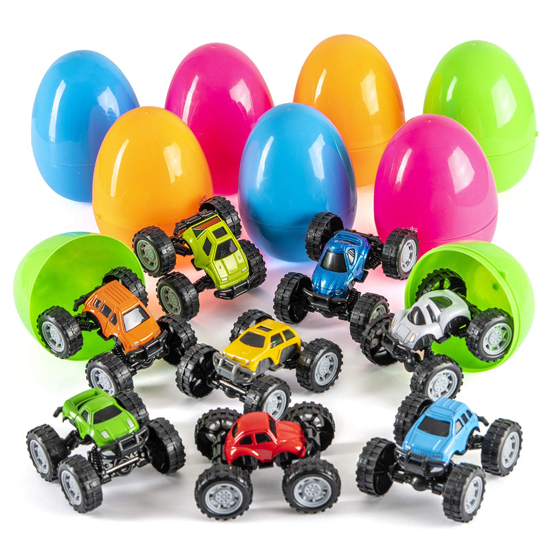 Jumbo Easter eggs filled with DIY plastic monster truck toys for kids on Easter