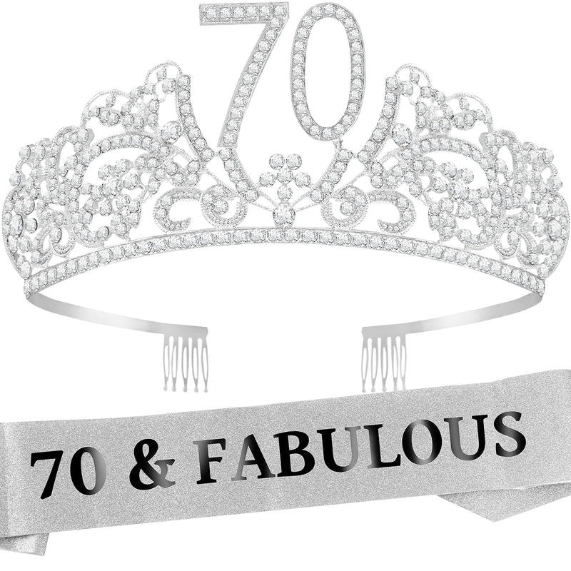 70th Birthday Sash and Tiara for Women - Fabulous Glitter Sash + Flowers