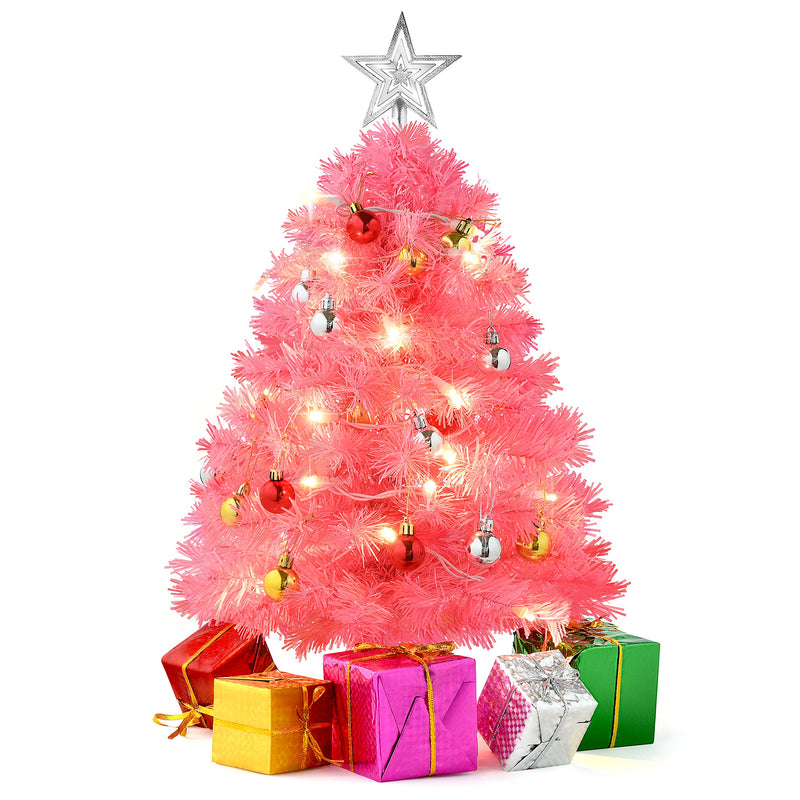 23 pink mini Christmas trees with lights, ornaments and gifts - small, pink