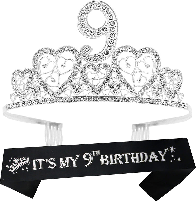 Girls 9th Birthday Sash and Tiara - Fabulous Glitter Sash + Hearts